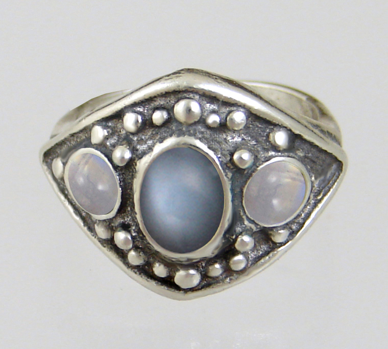Sterling Silver Medieval Lady's Ring With Grey Moonstone And Rainbow Moonstones Size 9